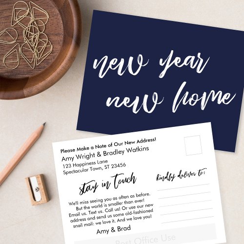 Casual Navy Blue New Year New Home Announcement  Postcard