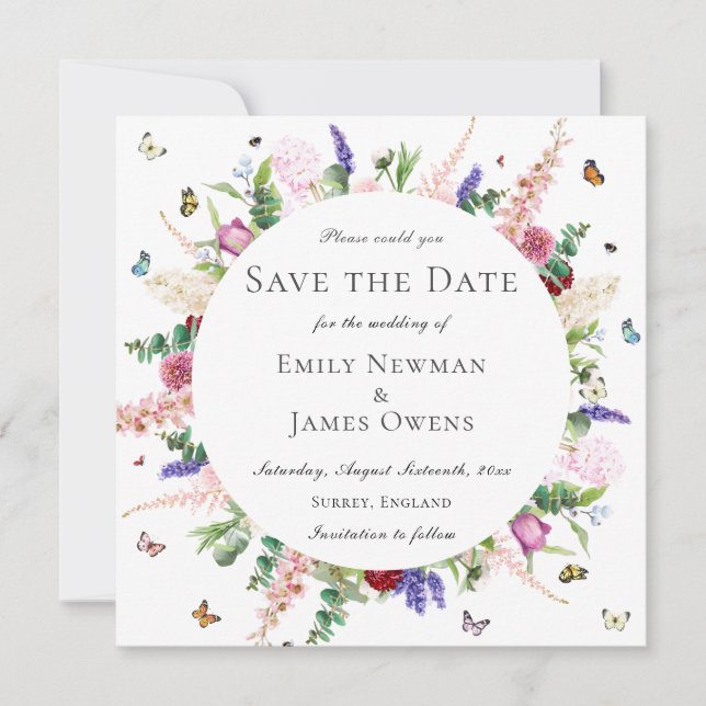 Casual Pink Purple Floral Butterfly Save the Date (Front)