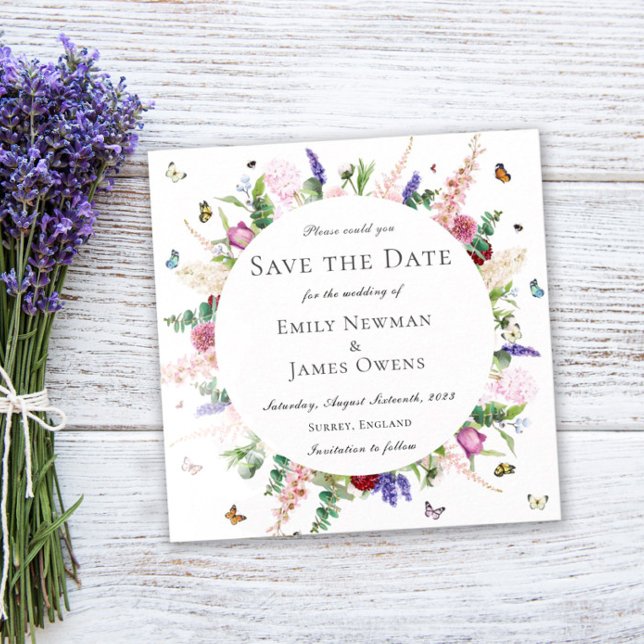 Casual Pink Purple Floral Butterfly Save the Date Invitation (Creator Uploaded)