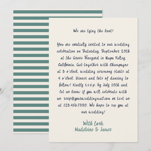 Casual Retro Quirky Handwriting Green Blue Wedding Invitation (Front/Back)