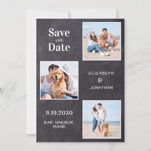 Casual Rustic 3 Photo Chalkboard Save The Date Announcement