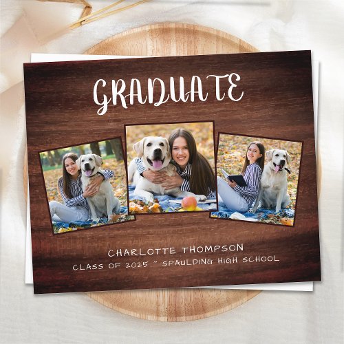 Casual Rustic 3 Photo Wood Graduation Announcement Postcard