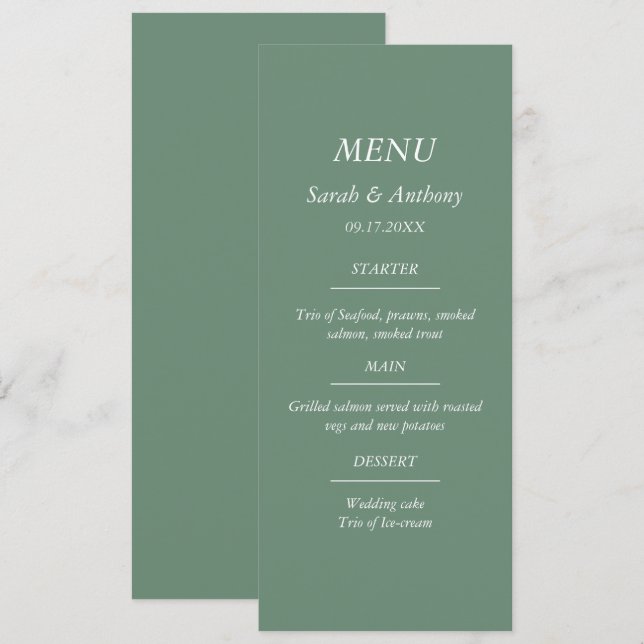 Casual Sage Green Minimalist Elegant Wedding Food  Menu (Front/Back)