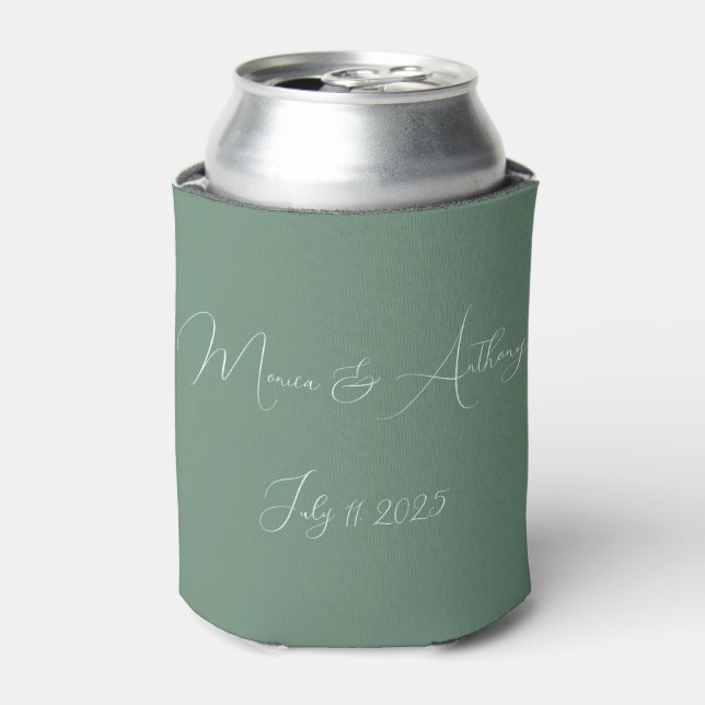 Casual Sage Green Simple Script Minimalist Wedding Can Cooler (Can Front)