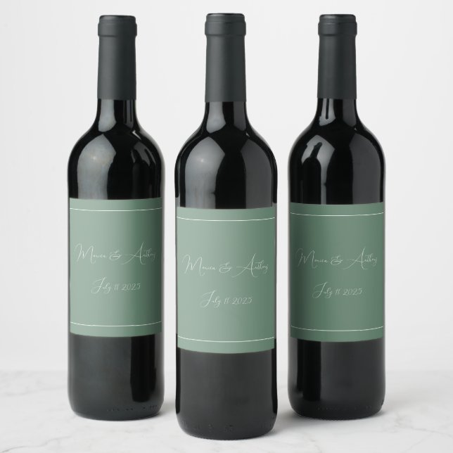 Casual Sage Green Simple Script Minimalist Wedding Wine Label (Bottles)