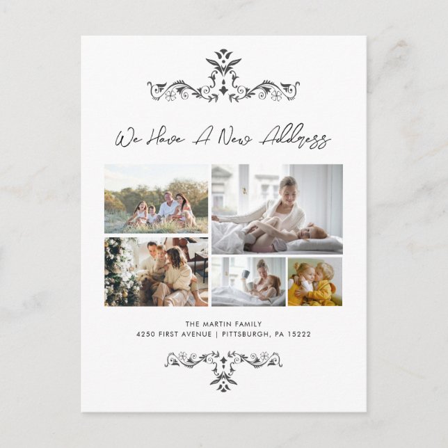 Casual Script 5 Photos Ornate Moving Announcement Postcard (Front)