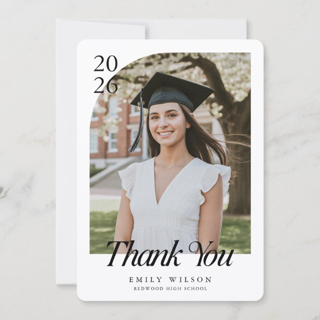Casual Script and Graduation Arch Photo Thank You Card (Front)