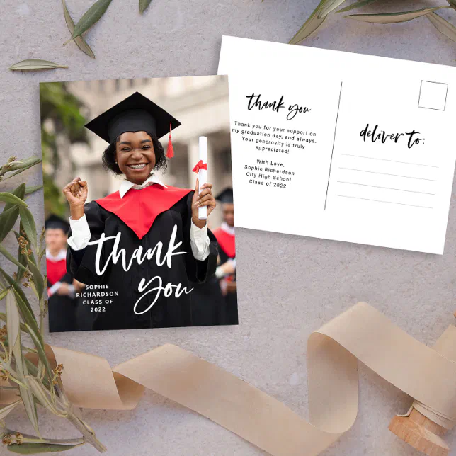 Casual Script and Photo | Graduation Thank You Postcard | Zazzle