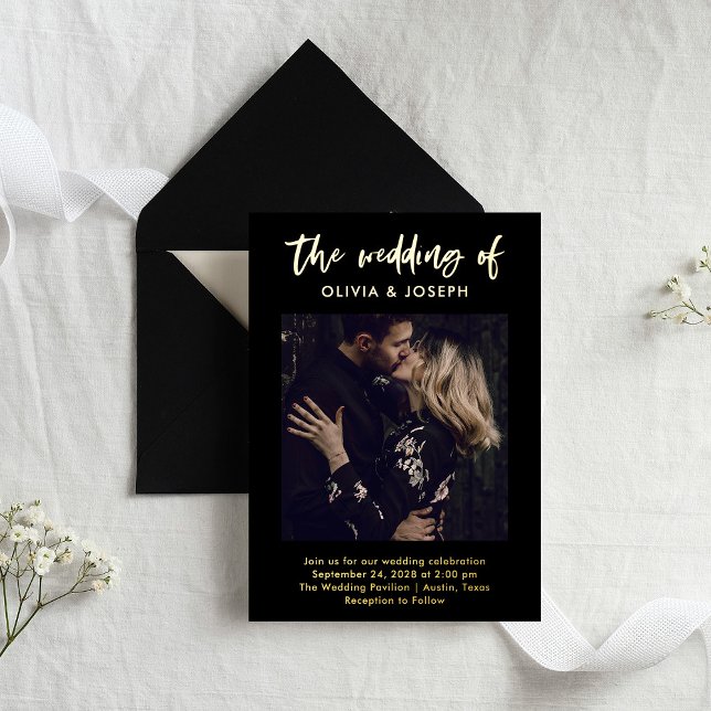 Casual Script and Photo on Black | Wedding Gold Foil Invitation (Creator Uploaded)