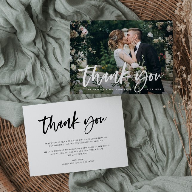 Casual Script and Photo | Wedding Thank You Card (A simple and elegant thank you card with your wedding photo and casual modern script)