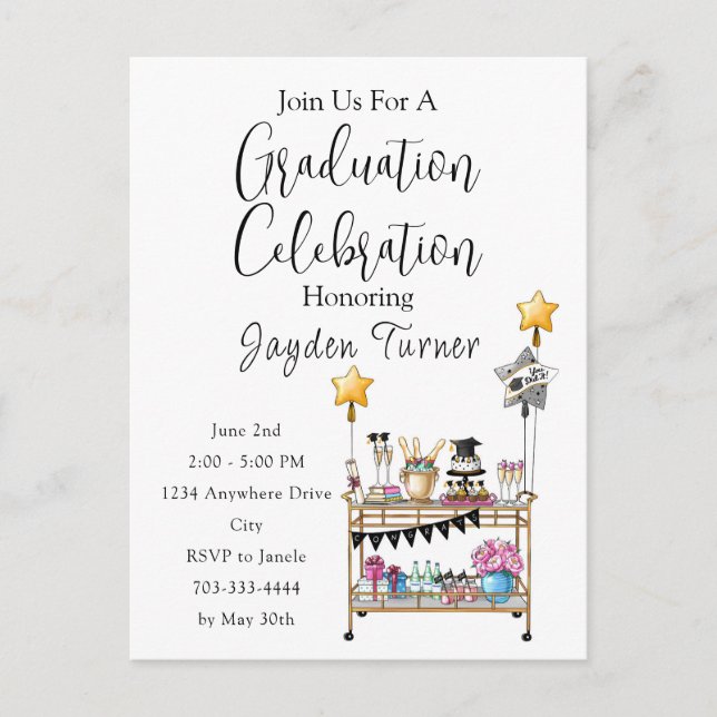 Casual Script Bar Cart Graduation Invitation Postcard (Front)