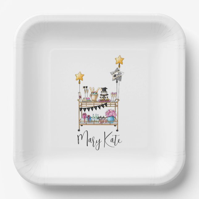Casual Script Bar Cart Graduation Paper Plates (Front)