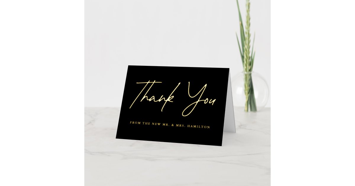 Casual Script Black and Gold Wedding Thank You Foil Greeting Card | Zazzle