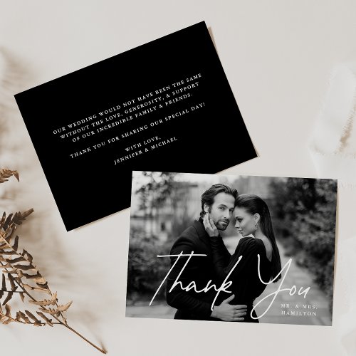 Casual Script Black Photo Wedding Thank You Card