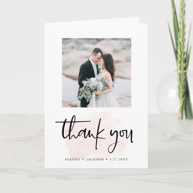 Casual Script | Blush Minimalist Wedding Photo Thank You Card (Front)
