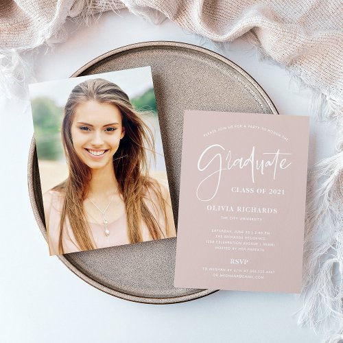 Casual Script Blush Pink and White  Grad Party Invitation