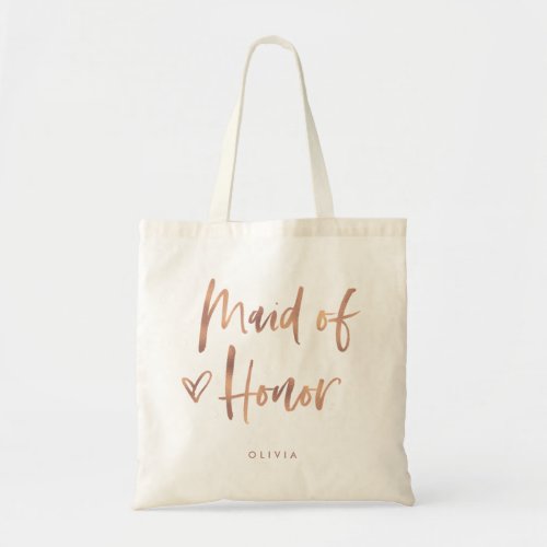 Casual Script  Chic Rose Gold Maid of Honor Gift Tote Bag