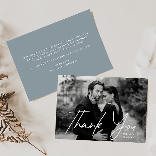 Casual Script Dusty Blue Photo Wedding Thank You Card