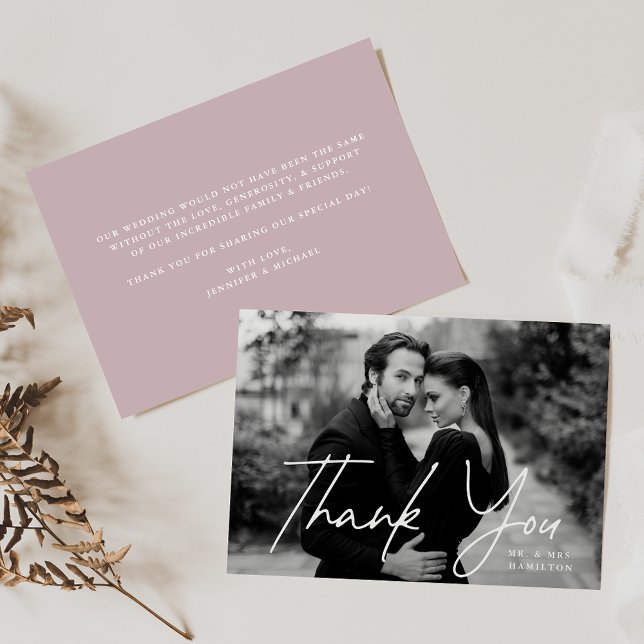 Casual Script Dusty Purple Photo Wedding Thank You Card (Creator Uploaded)