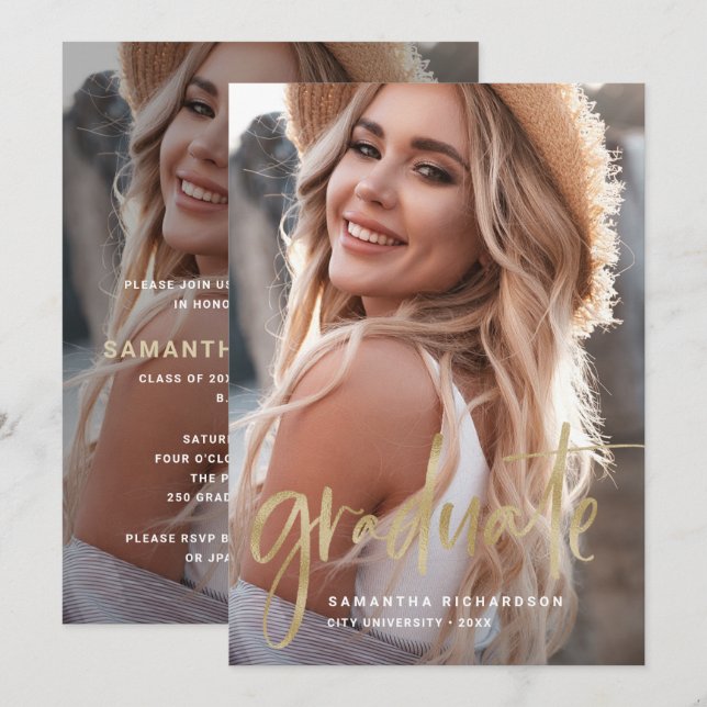 Casual Script Gold | Two Photo Graduation Party Invitation (Front/Back)