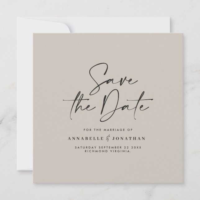 Casual script grey modern minimal wedding save the date (Front)