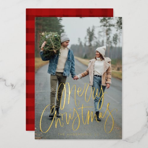 Casual Script Merry Christmas Photo Gold Foil Holiday Card