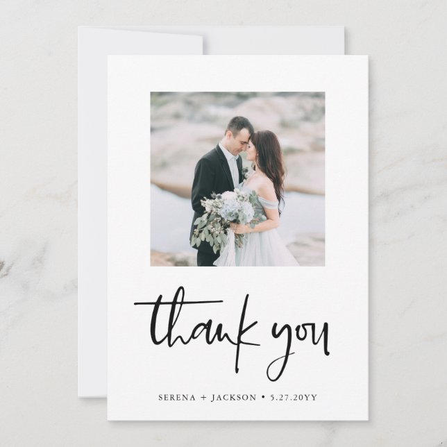 Casual Script | Minimalist Two Photo Wedding Thank You Card (Front)