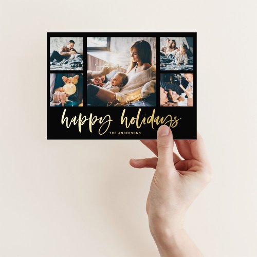 Casual Script Multi Photo Grid  Happy Holidays Foil Holiday Card