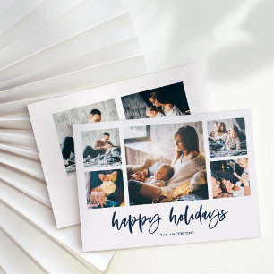 Casual Script Multi Photo Grid Happy Holidays Letterpress Photo Cards