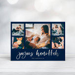 Casual Script Multi Photo Grid | Joyous Hanukkah Foil Holiday Card<br><div class="desc">This simple,  classic silver foil family holiday greeting card features modern,  casual script typography that says "Joyous Hanukkah" on a dark navy blue background,  with a multi photo grid of five photos on the front and one more on the back.</div>