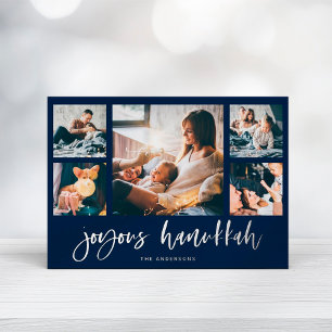 Casual Script Multi Photo Grid Joyous Hanukkah Foil Holiday Card