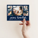 Casual Script Multi Photo Grid | Joyous Hanukkah Holiday Card<br><div class="desc">This simple,  dark navy blue and white family holiday greeting card features modern,  casual script typography that says "Joyous Hanukkah",  with a multi photo grid of five photos on the front and one more on the back.</div>