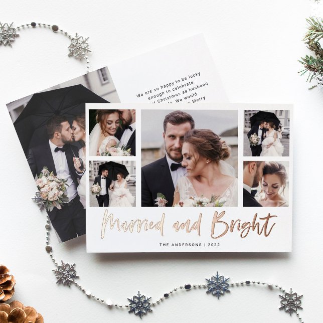Casual Script Multi Photo Grid Married and Bright Foil Holiday Card (Creator Uploaded)