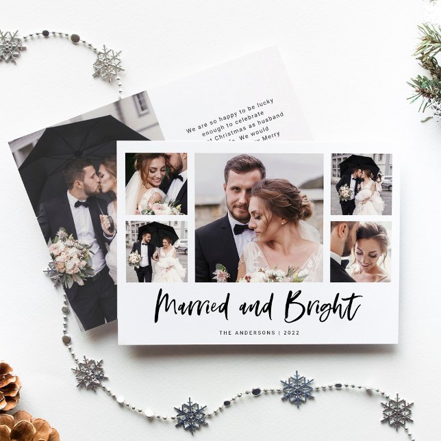 Casual Script Multi Photo Grid Married and Bright Holiday Card (Creator Uploaded)