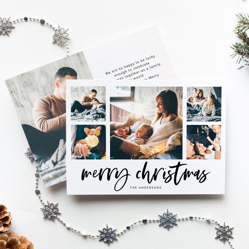 Casual Script Multi Photo Grid  Merry Christmas Holiday Card