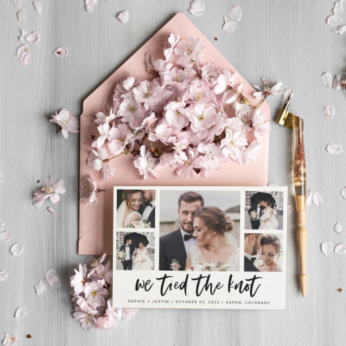 Wedding announcements - Pink Dramatic personalized gifts for you Casual script multi photo wedding announcement