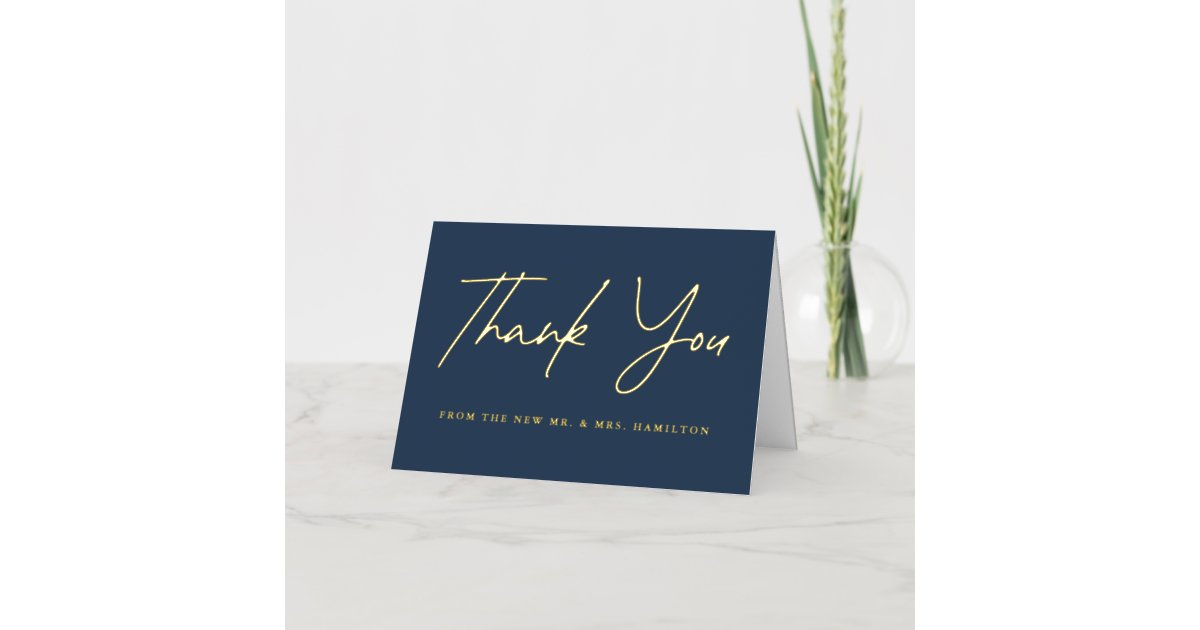Casual Script Navy and Gold Wedding Thank You Foil Greeting Card | Zazzle