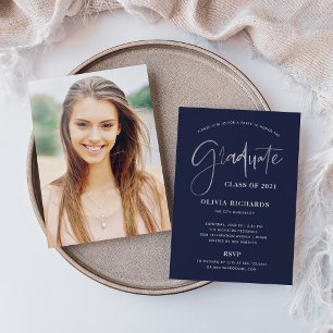 Casual Script Navy Blue and Silver   Grad Party Invitation