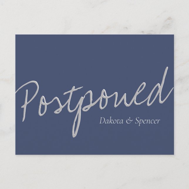 Casual Script | Navy Blue Gray Postponed Wedding Postcard (Front)