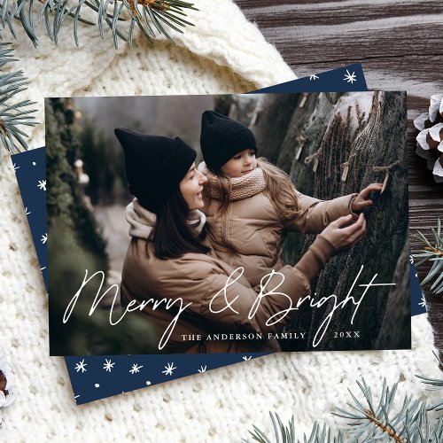 Casual Script Navy Merry and Bright Photo Holiday Card