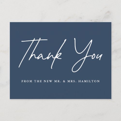 Casual Script Navy Wedding Thank You Postcard