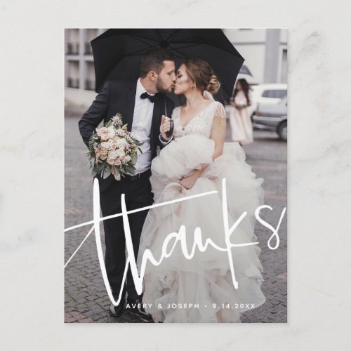 Casual Script Overlay Two Photo Wedding Thank You Postcard