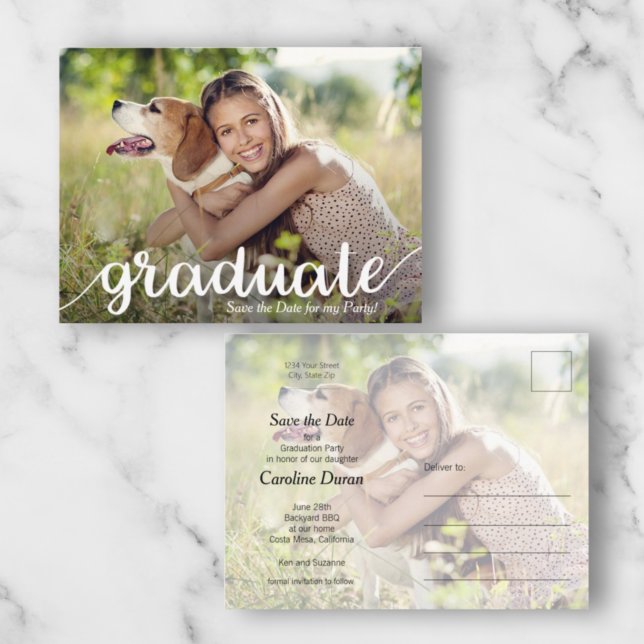 Casual Script Photo Graduation Save the Date Postcard (Creator Uploaded)