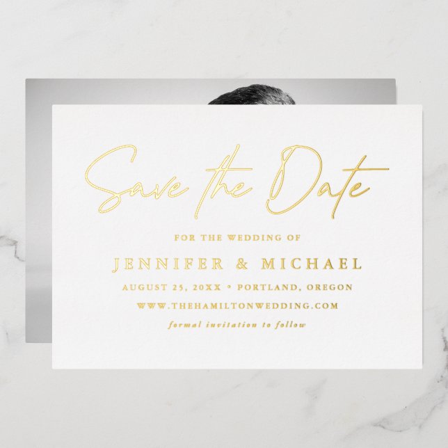 Casual Script Photo Wedding Save the Date Foil Invitation (Front/Back)