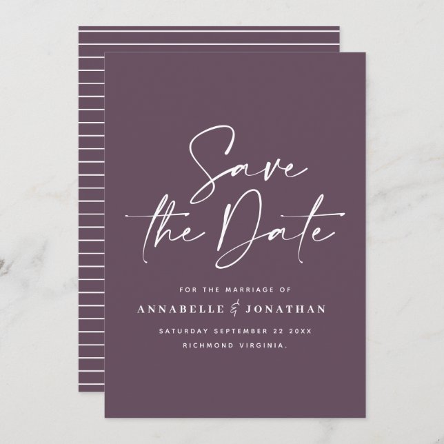 Casual script purple typography wedding save the date (Front/Back)