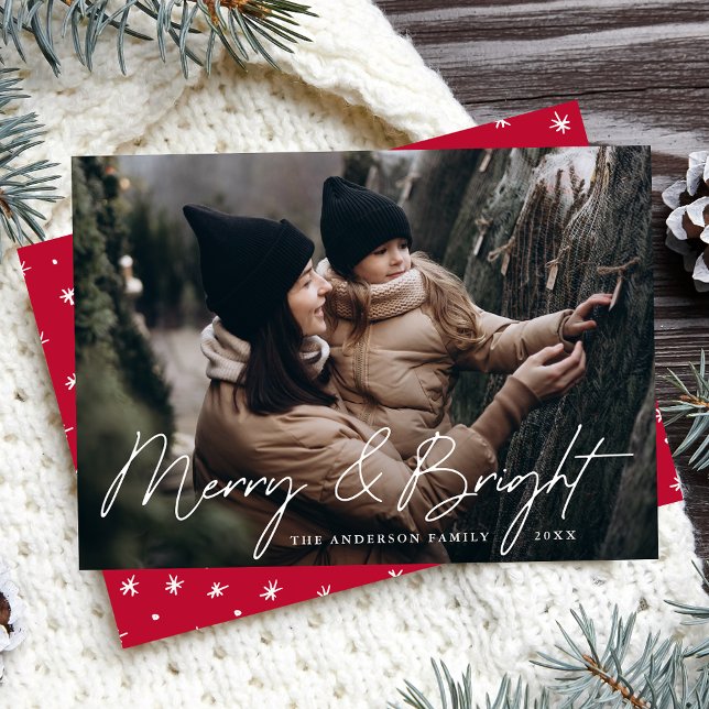 Casual Script Red Merry and Bright Photo Holiday Card (Creator Uploaded)