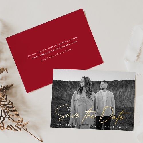 Casual Script Red Photo Save the Date Foil Invitation