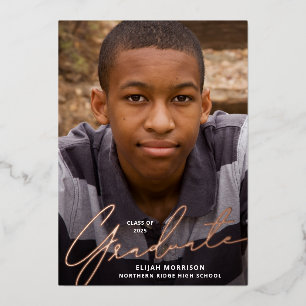 Casual Script Rose Gold Foil Photo Graduation Foil Invitation