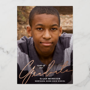 Casual Script Rose Gold Foil Photo Graduation Invitation