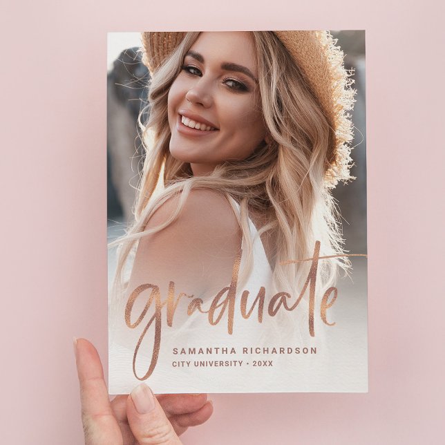 Casual Script Rose Gold Two Photo Graduation Party Invitation Postcard (Creator Uploaded)